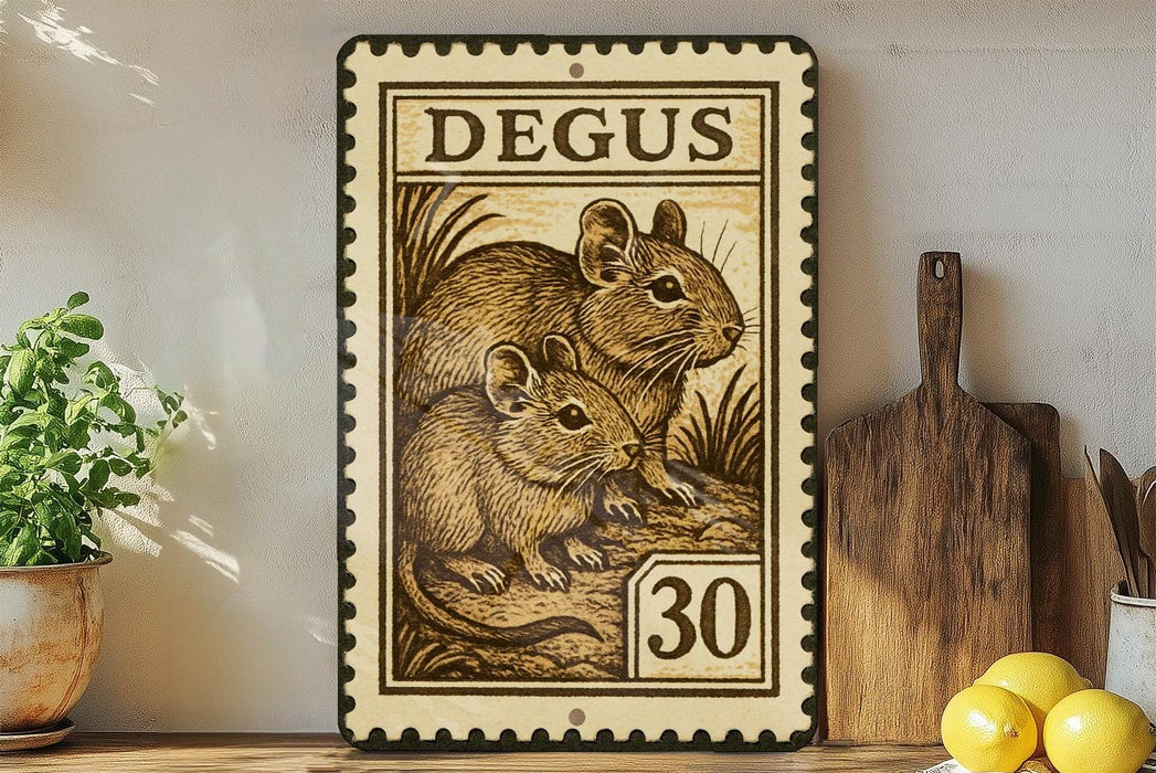A framed image of two mice, likely a postage stamp, is displayed on a shelf next to a wooden cutting board and some lemons.