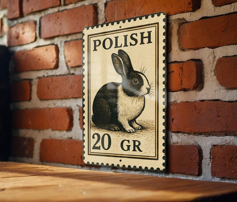 A metal sign with a black and white illustration of a rabbit, mounted on a brick wall.