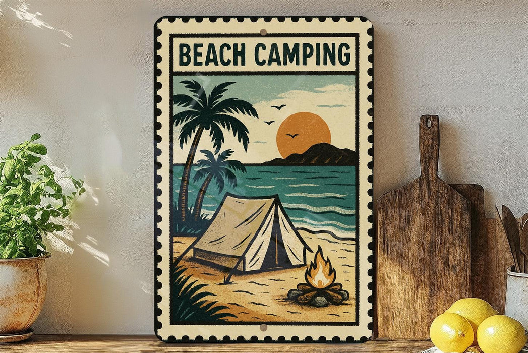 A vintage-style metal sign with a beach camping scene, featuring a tent, palm trees, a campfire, and a sunset over the ocean.