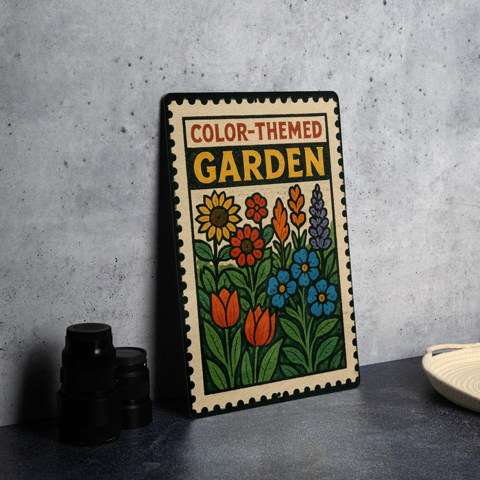 A colorful poster or sign with a garden theme, featuring various flowers and plants, is displayed on a table next to some black camera lenses.