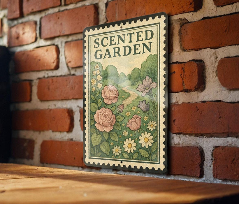 A decorative sign with a floral design hangs on a brick wall, featuring the text "Scented Garden" and a depiction of flowers and a path.