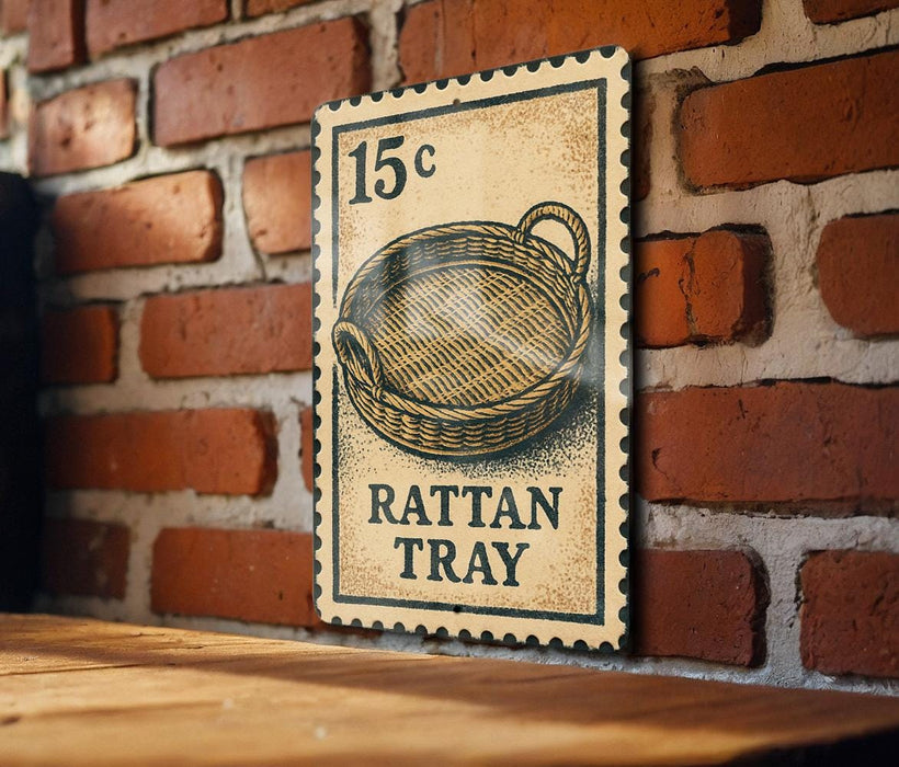 A wooden table with a metal sign attached to it, displaying a picture of a woven basket and the text "RATAN TRAY" on a brick wall.