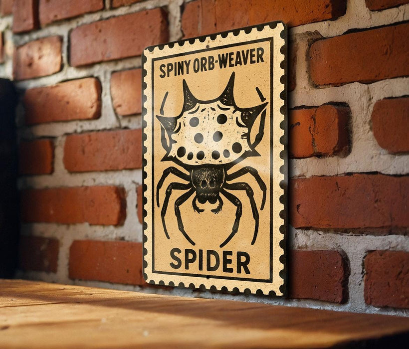 a sign with a spider illustration on it, mounted on a brick wall.