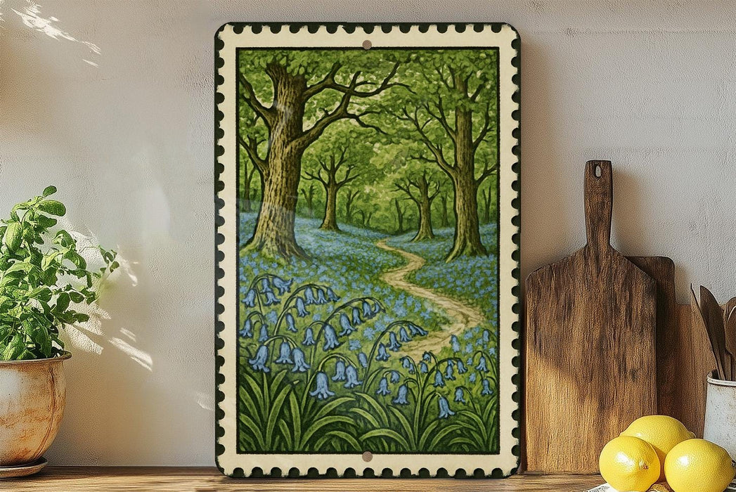A framed painting depicting a lush forest with a winding path through the center, surrounded by blue flowers. The painting is set against a white wall, with a wooden cutting board and a potted plant to the left.