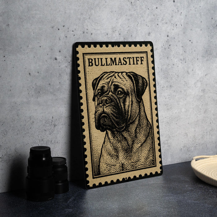 A metal sign with a bull mastiff illustration on it, placed on a countertop next to some black camera lenses.
