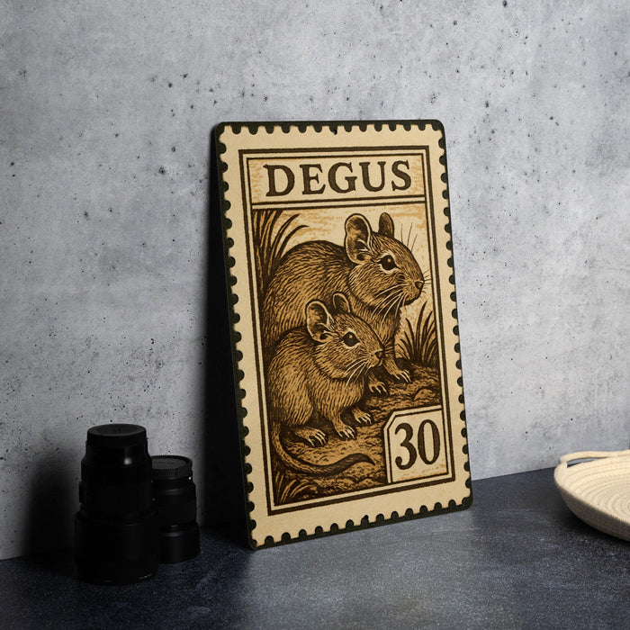 A wooden postcard with a stamp design featuring two mice, one larger and one smaller, is displayed on a table.