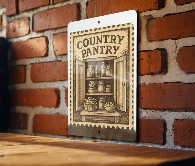 a sign for a "Country Pantry" hanging on a brick wall.