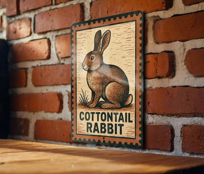 A sign featuring a cartoon image of a rabbit, mounted on a brick wall.