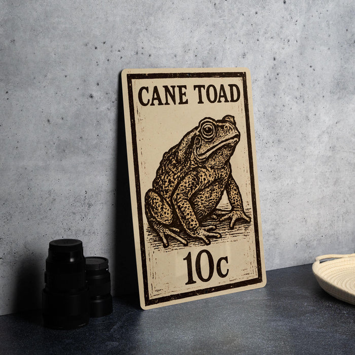A sign featuring a toad illustration and the text "CANE TOAD 10c" is displayed on a table.