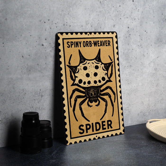 A metal sign with a spider illustration and the text "SPINY ORB-WEAVER SPIDER" is displayed on a table.