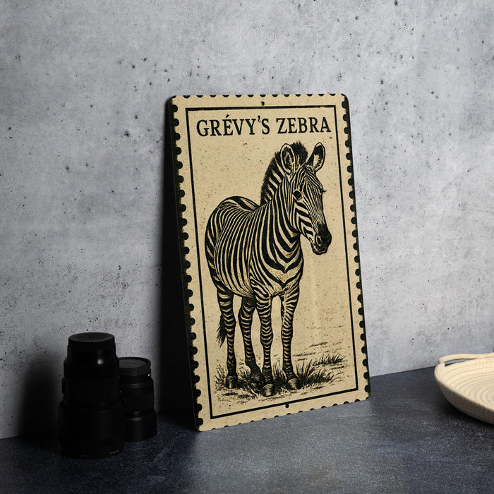 A framed illustration of a zebra is displayed on a table, with a stack of black camera lenses and a woven basket nearby.