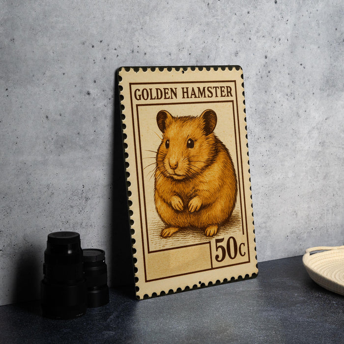 A wooden stamp featuring a golden hamster, with the text "GOLDEN HAMSTER" and "50c" printed on it.