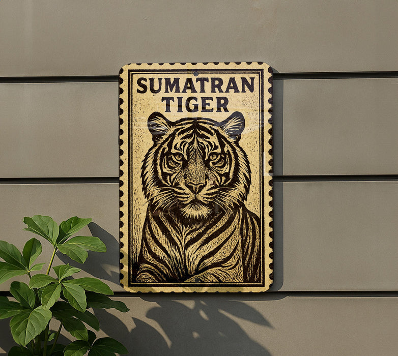 a tiger, which is a large wild cat, depicted in a stamp-like frame.