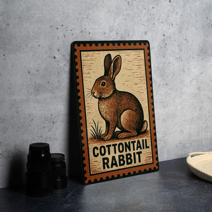A metal sign with a picture of a rabbit and the text "COTTONTAL RABBIT" is displayed on a table.
