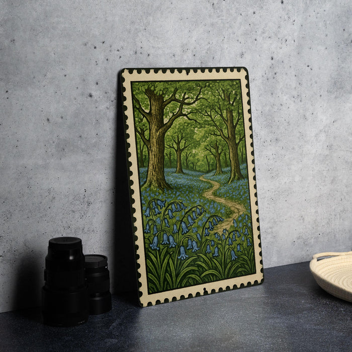 A framed illustration of a forest scene with a winding path through the trees and blue flowers is displayed on a dark surface.