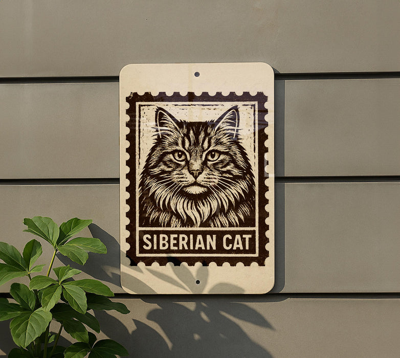 A sign featuring a close-up of a cat's face, with the text "SIBERIAN CAT" below it.