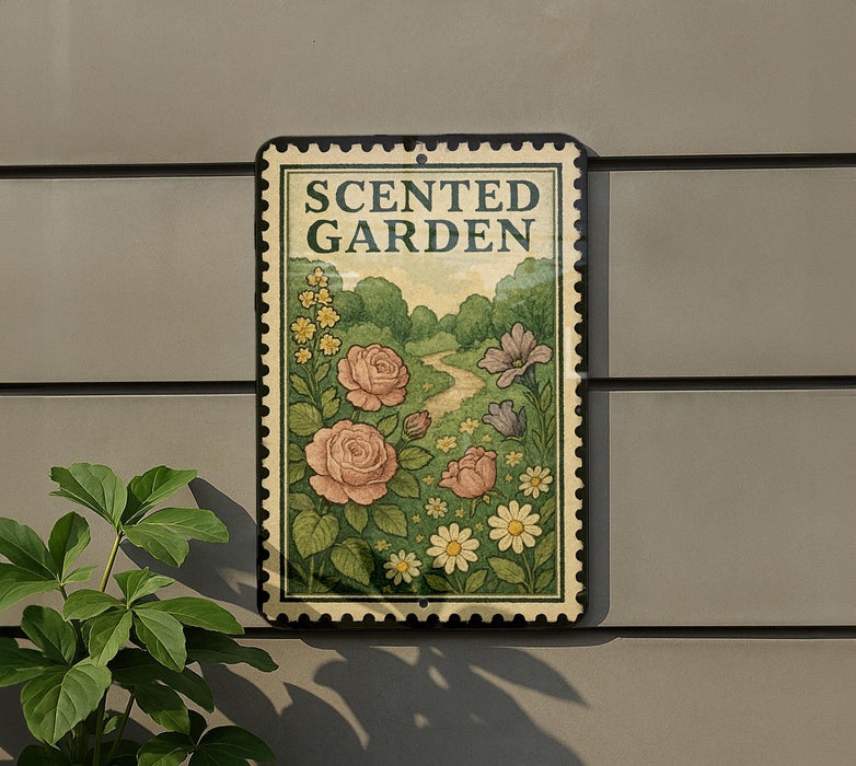 a sign that reads "Scented Garden" with a floral illustration of roses, daisies, and other flowers. The sign is mounted on a wall, and there is a plant to the left of the sign.