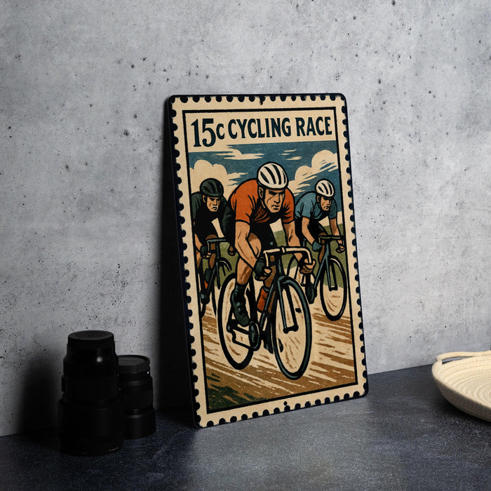 A vintage-style poster advertising a 15c cycling race, featuring three cyclists racing on a dirt road.