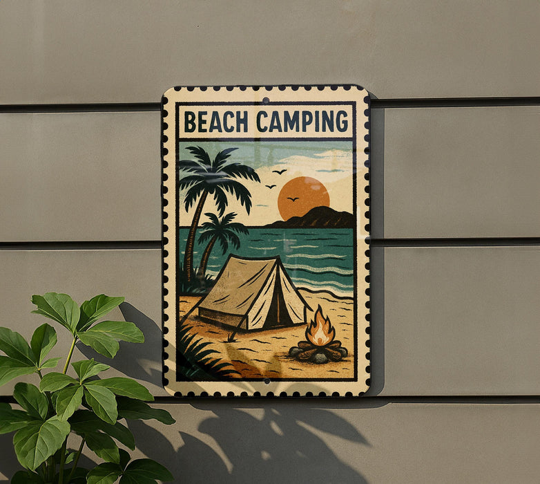 A sign with a beach camping scene, featuring a tent, palm trees, a campfire, and a sunset over the ocean.
