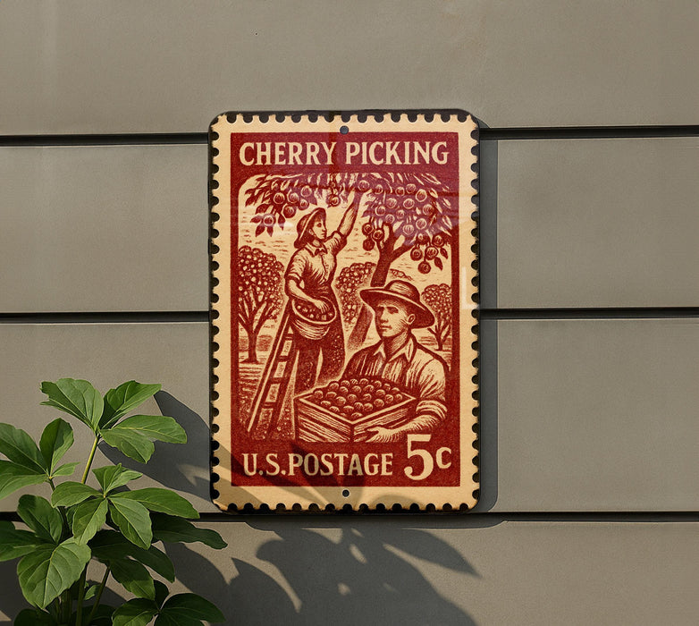 A vintage U.S. postage stamp depicting a cherry picking scene, with a person picking cherries and a crate of cherries.