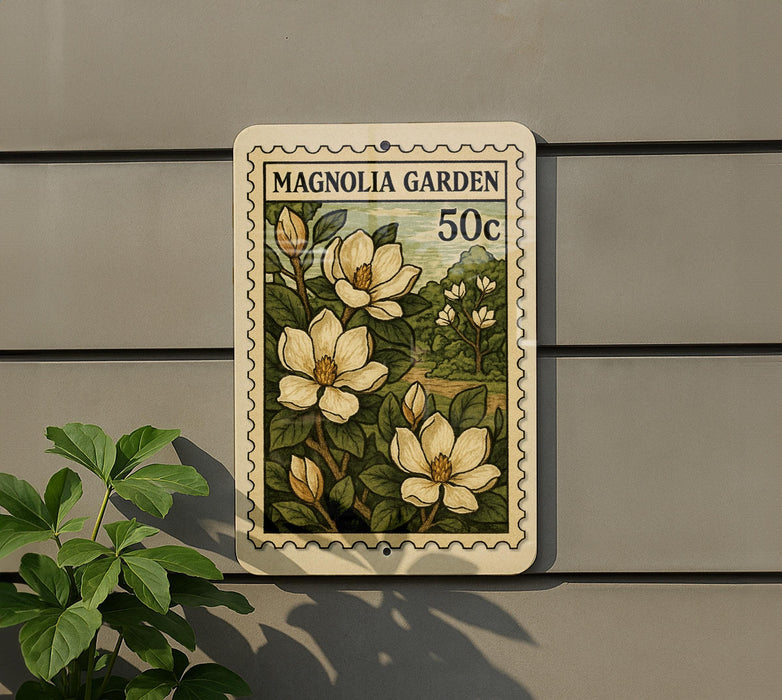A postage stamp-like sign with a floral design, mounted on a wall next to a plant.