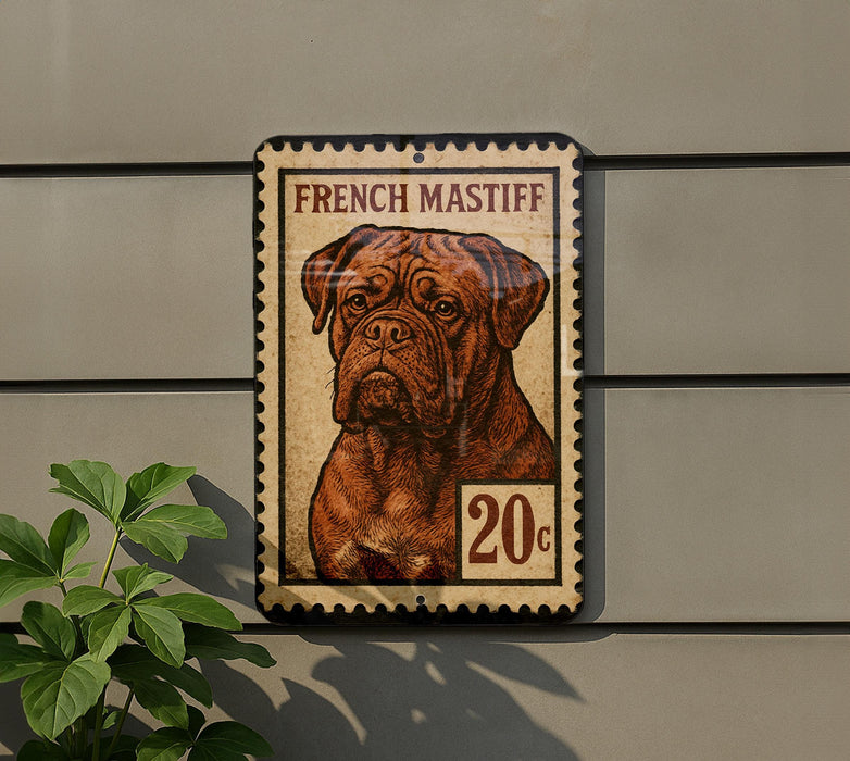 A French mastiff dog is depicted on a postage stamp-like sign, mounted on a wall.