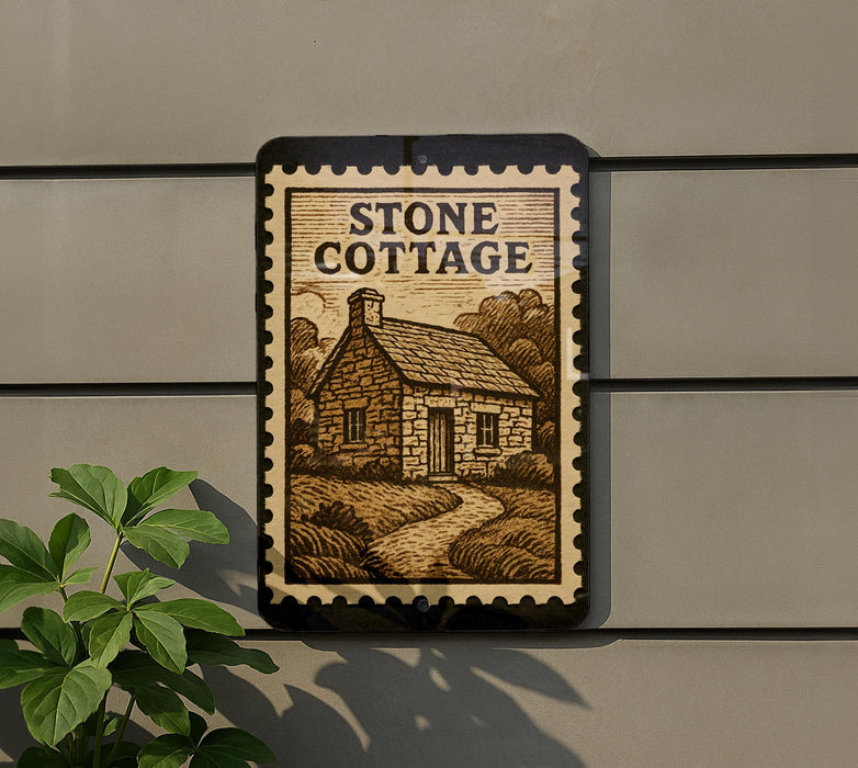 a sign that reads "STONE COTTAGE" with a small illustration of a cottage on it, mounted on a wall.