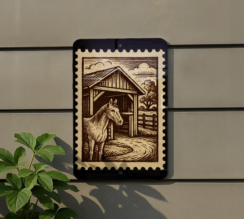 a wooden barn with a horse standing inside, depicted on a black and white postage stamp-like frame.