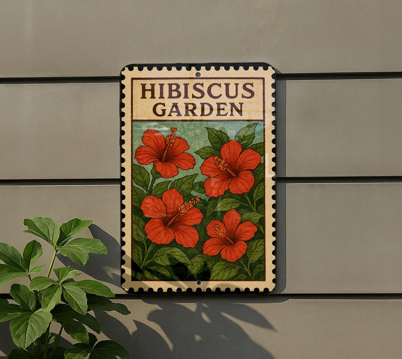 A metal sign with a floral design, mounted on a wall, displaying the text "HIBISCUS GARDEN".
