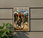 a vintage-style sign depicting three cyclists racing, with the text "15c cycling race" prominently displayed.