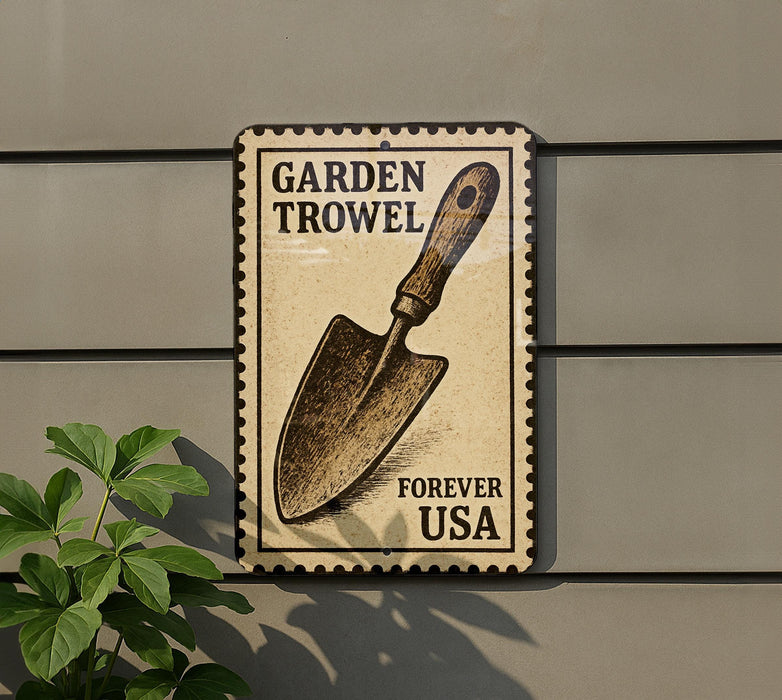 A garden trowel with the words "Garden Trowel" and "Forever USA" printed on it, mounted on a wall.