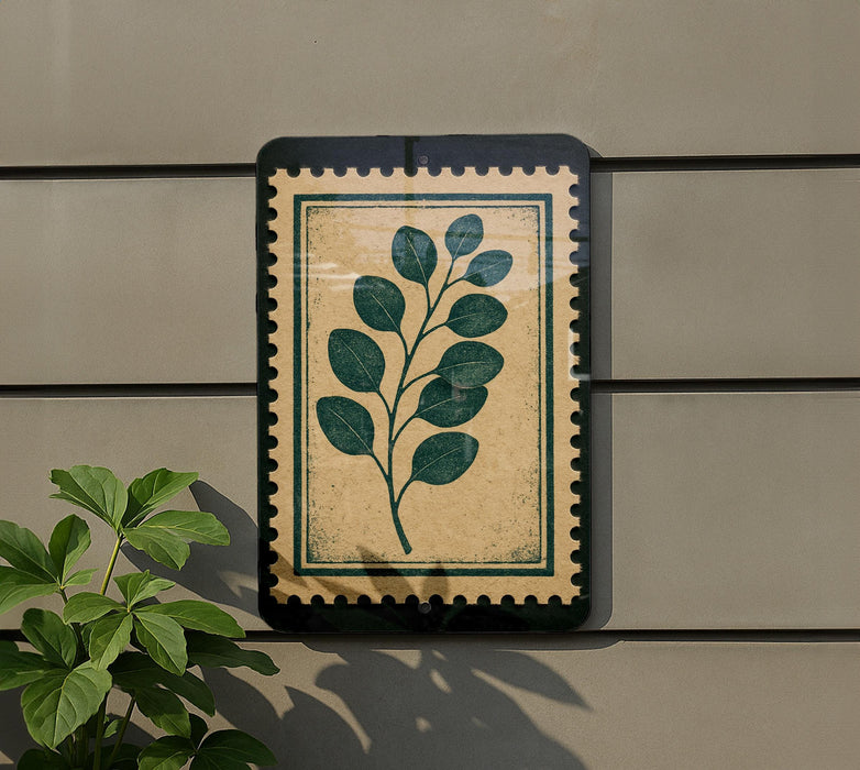 a decorative plant with a leafy green design on a wall, mounted on a gray wall.