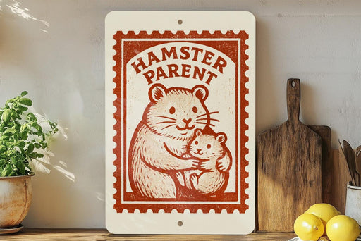 A wooden shelf with a potted plant, a wooden cutting board, and a sign that reads "HAMSTER PARENT" in a red and white design.