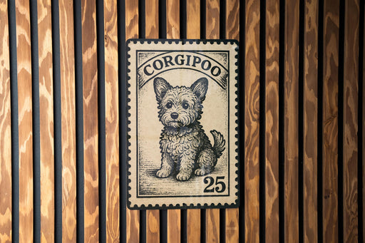 A black and white illustration of a small dog, likely a corgi, is displayed on a wooden surface.