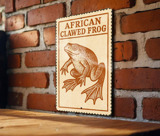 a sign with an illustration of an African clawed frog on a brick wall.
