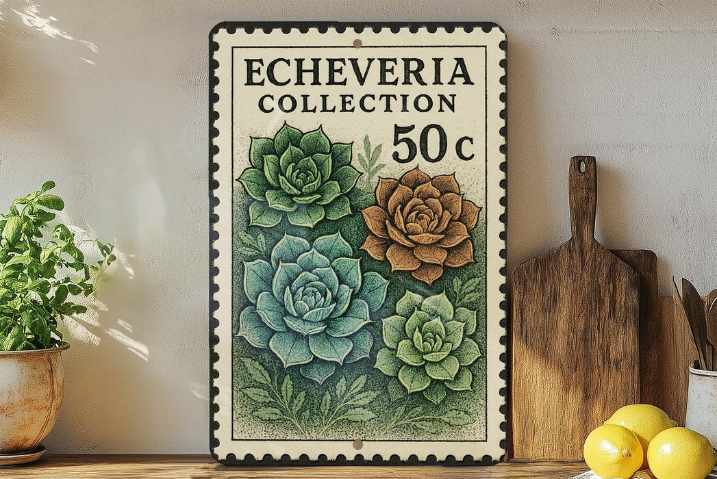 a decorative metal sign with a floral design, placed on a wooden surface next to a potted plant and a wooden cutting board.
