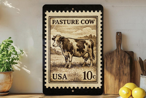 a framed stamp with a cow illustration, placed on a shelf next to a wooden cutting board and some lemons.