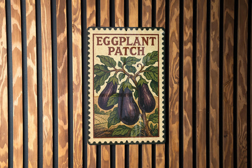 a vintage-style sign with the text "Eggplant Patch" and an illustration of eggplants on a branch.