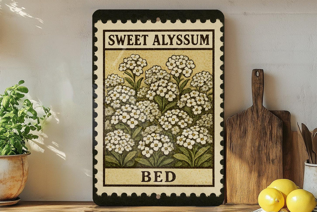 a framed print of a flower with the text "Sweet Alyssum BED" on it, placed on a shelf next to a wooden cutting board and some potted plants.