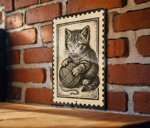 A metal sign featuring a black and white illustration of a cat holding a ball of yarn, mounted on a brick wall.