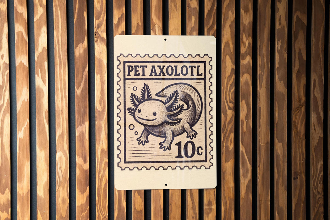 A wooden wall with a metal sign featuring a cartoon illustration of an axolotl, a type of salamander, and the text "PET Axolotl 10c".