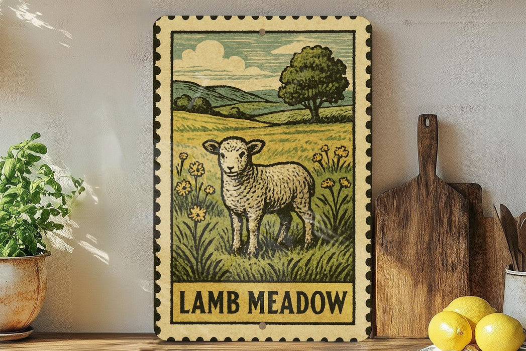 A framed illustration of a lamb standing in a grassy field with flowers, accompanied by the text "LAMB MEADOW" on the frame.