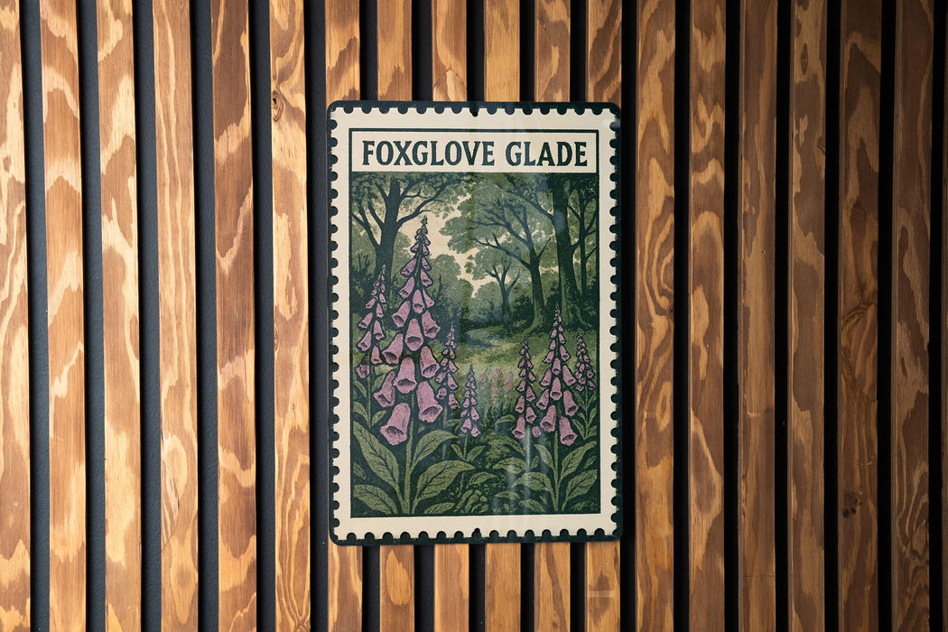 A framed image of purple flowers is displayed on a wooden wall.