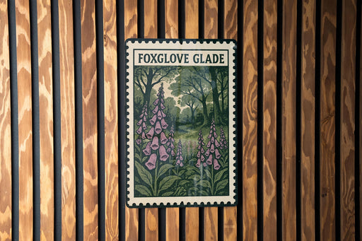 A framed image of purple flowers is displayed on a wooden wall.
