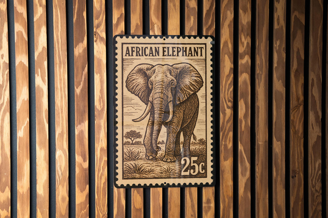 A wooden wall with a 25c African elephant stamp displayed on it.