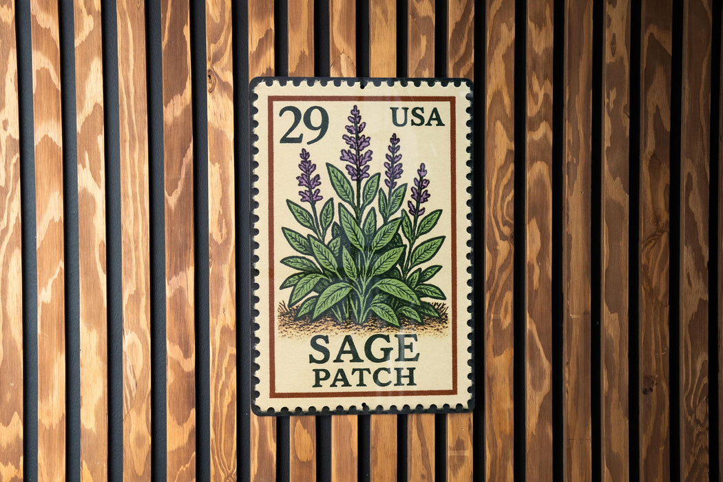 A framed postage stamp featuring a plant illustration, mounted on a wooden wall.