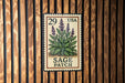 A framed postage stamp featuring a plant illustration, mounted on a wooden wall.
