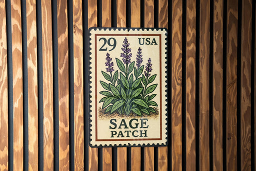 A framed postage stamp featuring a plant illustration, mounted on a wooden wall.