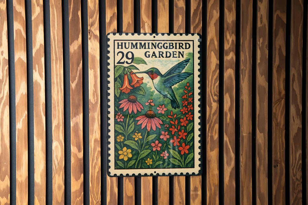 A colorful postage stamp featuring a hummingbird surrounded by flowers and plants, hanging on a wooden wall.
