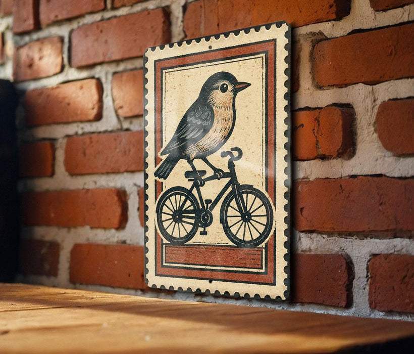 a vintage-style metal sign with a bird riding a bicycle, mounted on a brick wall.